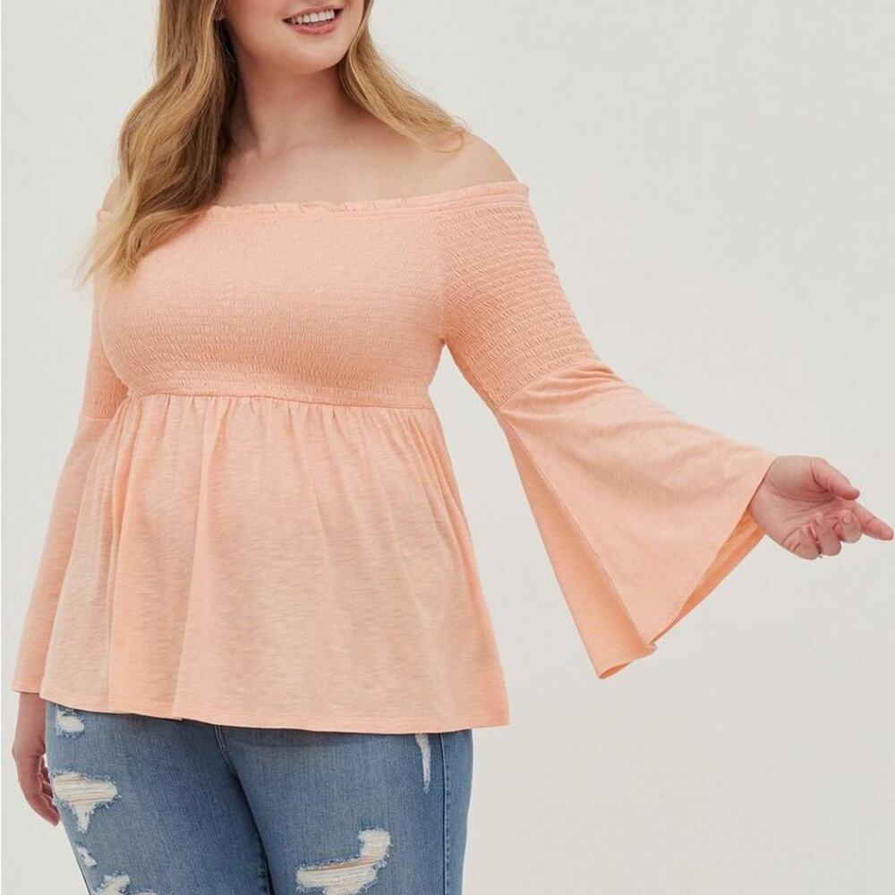 Torrid Peach Babydoll Knit Smocked Off-Shoulder Bell Sleeve Top Size 3/3x